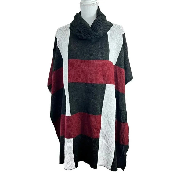 Jones New York Poncho Checker Color Block Red Black White Relaxed Fit Cowl Neck - Picture 1 of 12